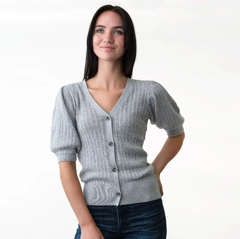 Puff Sleeve Button Front Sweater Ribbed Striped Patterned