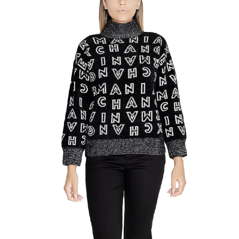 Black Polyester Sweater Ribbed Striped Patterned