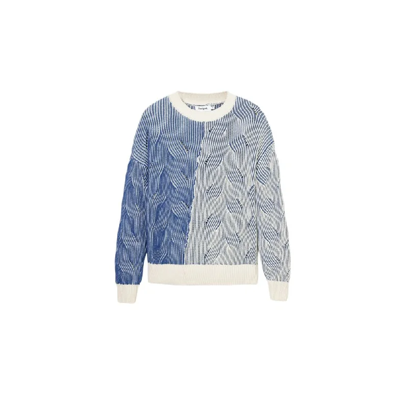 Blue Cotton Sweater Houndstooth Herringbone Solid