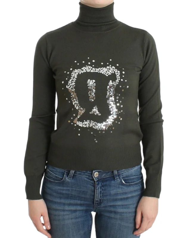 Chic Green Turtleneck Virgin Wool Sweater Iron Safe Non-Iron Wrinkle Free