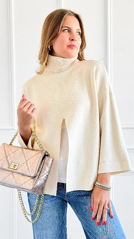 Chic Split Italian Sweater- Cream Front Pockets Side Pockets Patch Pockets