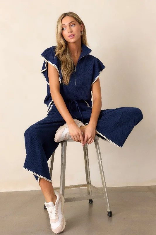 Ease My Mind Navy Blanket Stitch Quarter Zip Sweater Casual Formal Business