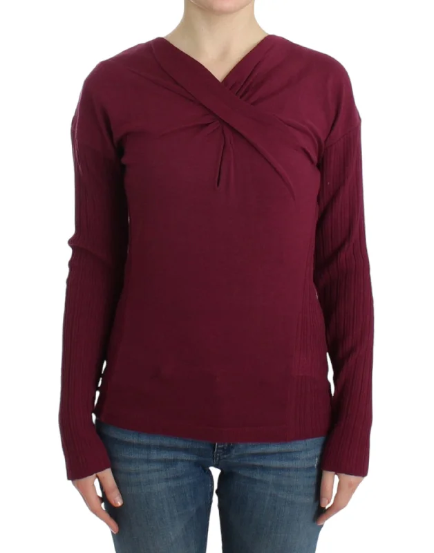 Elegant Purple Keyhole Wool Sweater Zippered Buttoned Snapped