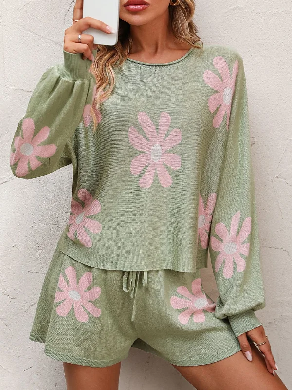 Floral Print Raglan Sleeve Knit Top and Tie Front Sweater Shorts Set Ribbed Striped Patterned