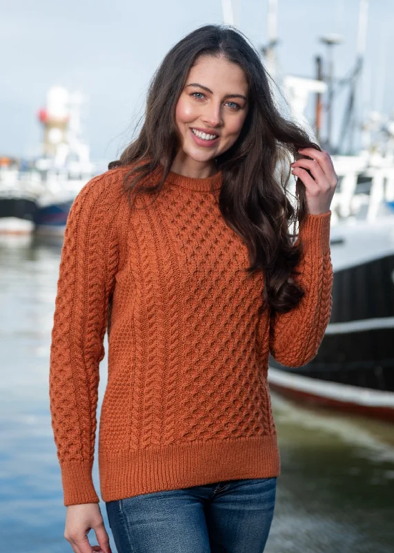 Ladies Slim-Fit Aran Sweater | Terracotta Mesh Blend Leather Blend Suede Blend