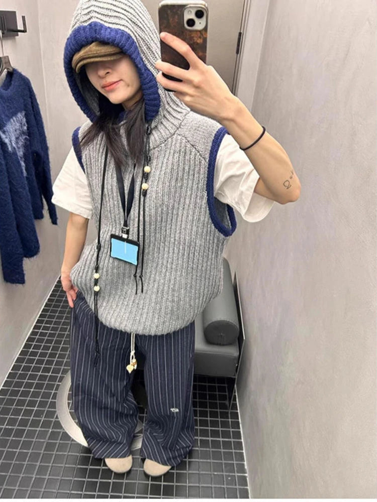 Lunivop Autumn Grunge Loose Knitted Women Tanks Harajuku Casual Contrast Color Hooded Waistcoat Y2k Aesthetic Streetwear Sweater Vest Boat Neck Shawl Collar Notched Collar