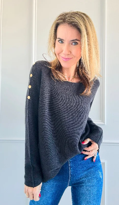 Luxe Shoulder Italian Knit Sweater- Charcoal Silk Blend Satin Velvet