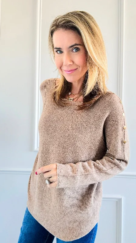 Luxe Shoulder Italian Knit Sweater- Light Camel Thin Thick Dense