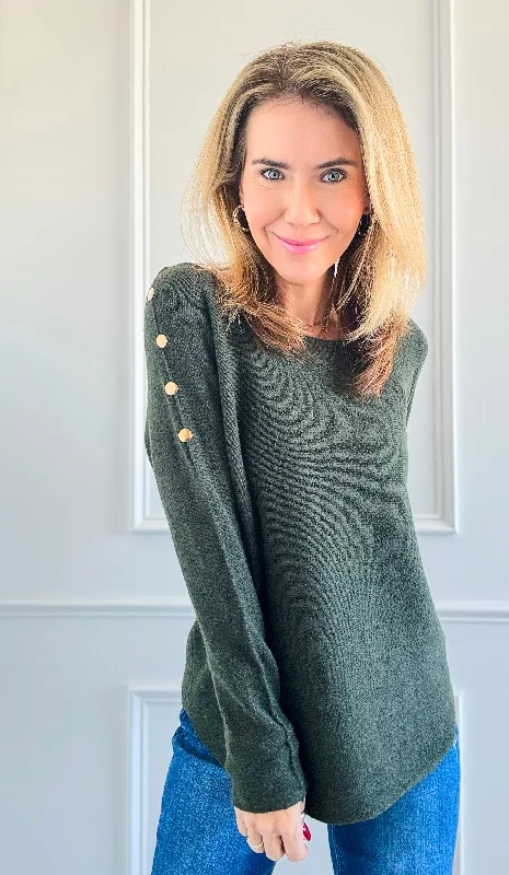 Luxe Shoulder Italian Knit Sweater- Olive Cotton Fabric Linen Fabric Terry Fabric