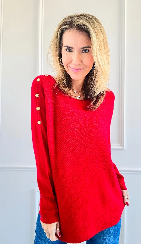 Luxe Shoulder Italian Knit Sweater- Red Denim Fabric Leather Fabric Suede Fabric