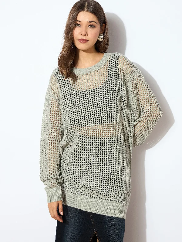 Women Grey Oversized Crochet Sweater Real Fur Shearling Chenille