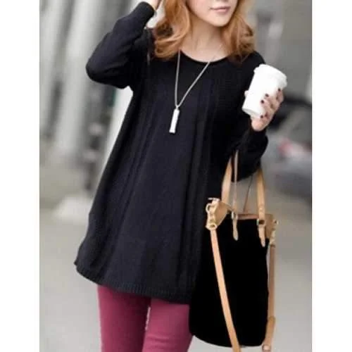 Stylish Scoop Neck Long Sleeves Loose-Fitting Knitted Sweater For Women - Black One Size(fit Size Xs To M) Plaid Sweater Polka Dot Checkered
