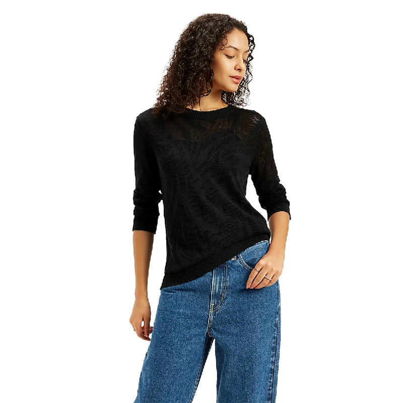 Women's Self Design Black Crew Neck Sweater Long Sweater Short Sweater Cropped Sweater