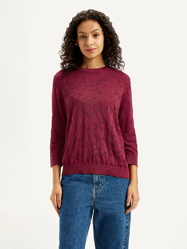 Women's Self Design Maroon Crew Neck Sweater Rayon Fabric Velvet Fabric Corduroy Fabric