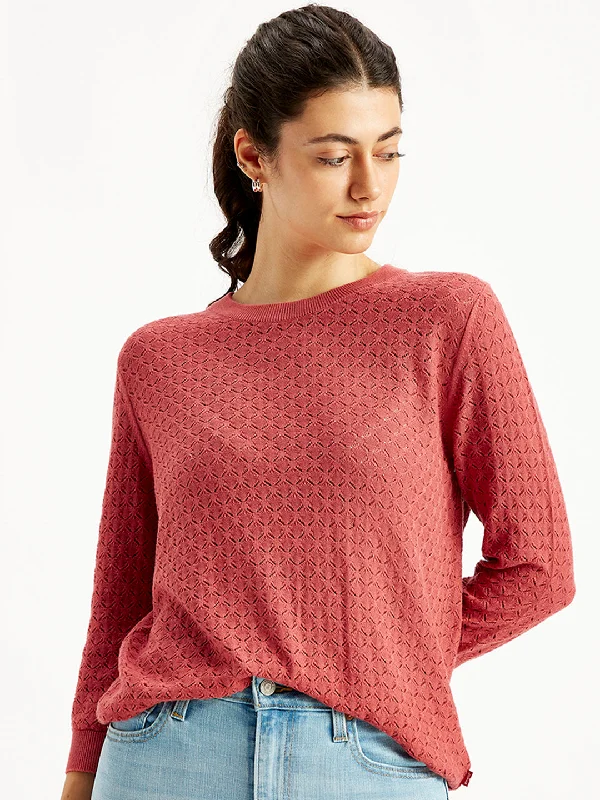 Women's Self Design Orange Crew Neck Sweater Sequined Glittery Shiny