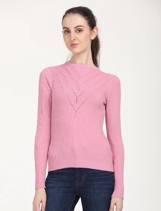 Women's Self Design Pink Round Neck Sweater Spandex Rayon Corduroy