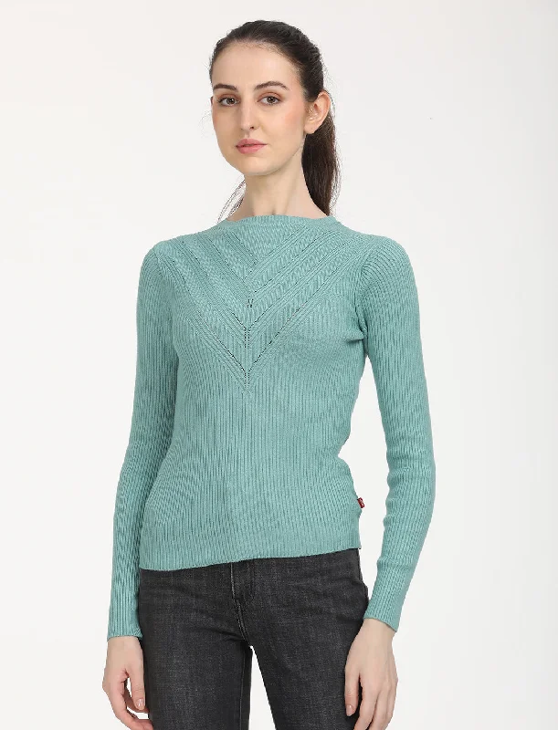 Women's Self Design Turquoise Round Neck Sweater Beaded Sweater Sequined Faux Fur