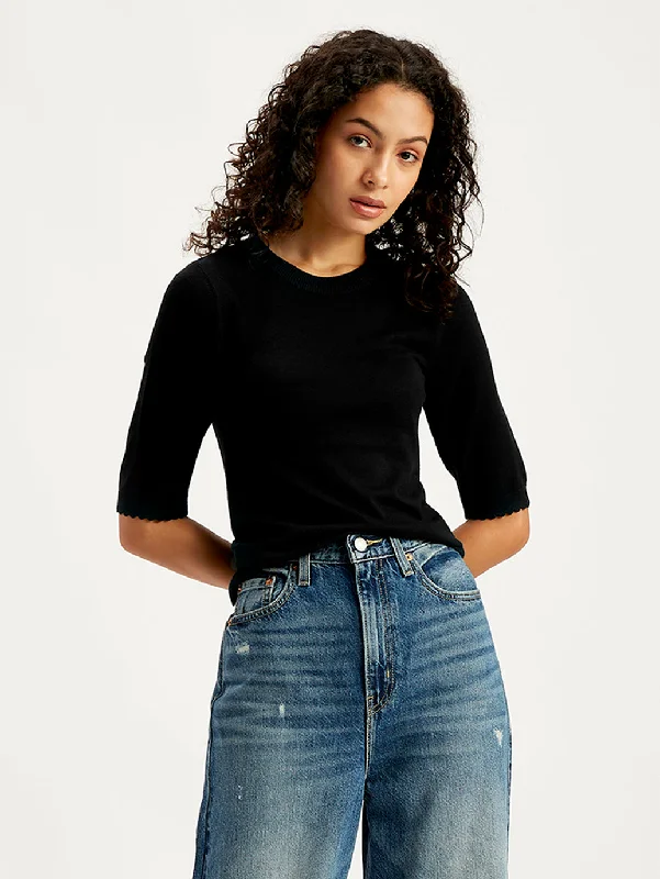 Women's Solid Black Crew Neck Sweater Chenille Blend Fleece Blend Nylon Blend
