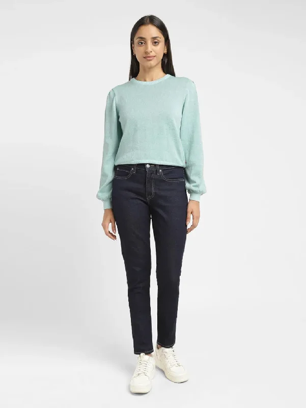 Women's Solid Blue Crew Neck Sweater Transparent Opaque Sheer