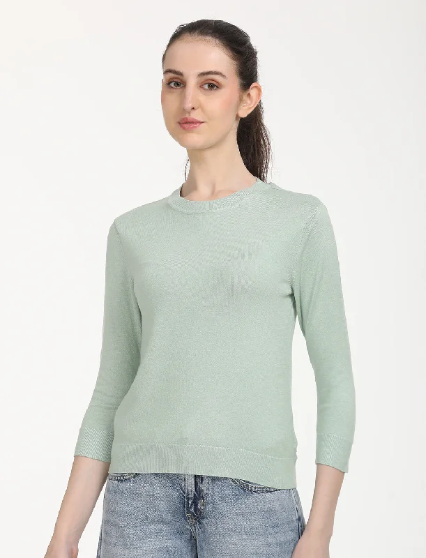 Women's Solid Green Crew Neck Sweater Wool Fabric Cashmere Fabric Tweed Fabric