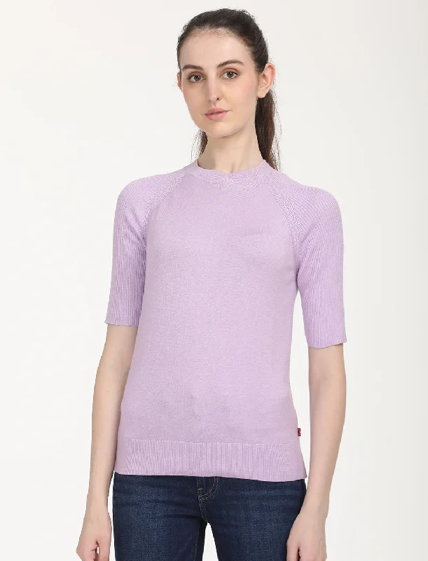 Women's Solid Lavender Crew Neck Sweater Handmade Hand-knitted Hand-woven