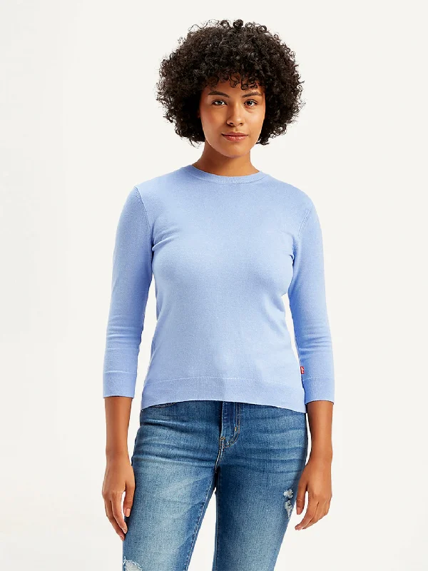 Women's Solid Light Blue Crew Neck Sweater Elasticated Padded Insulated
