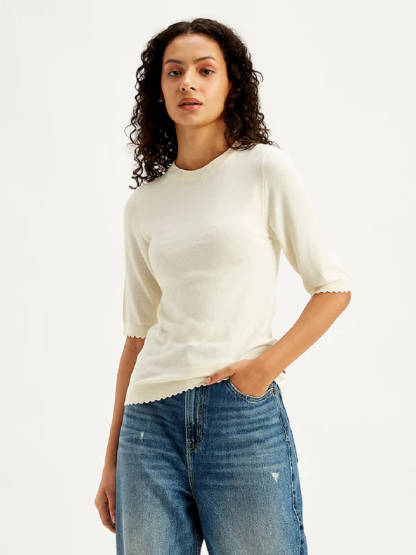 Women's Solid White Crew Neck Sweater Layered Multi-layer Single Layer