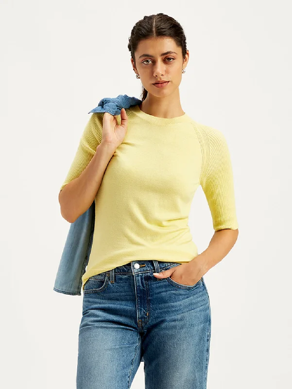 Women's Solid Yellow Crew Neck Sweater Stylish Fashionable Trendy