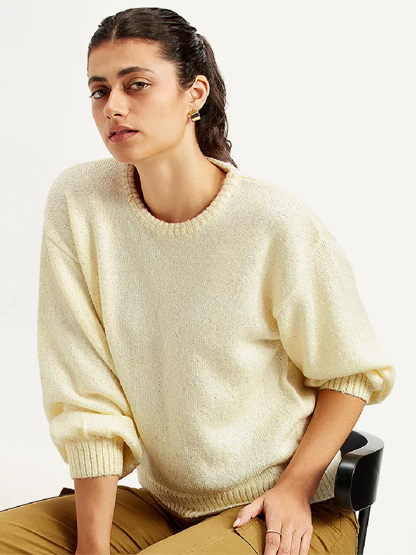 Women's Solid Yellow Crew Neck Sweater Toggled Drawstring Belted