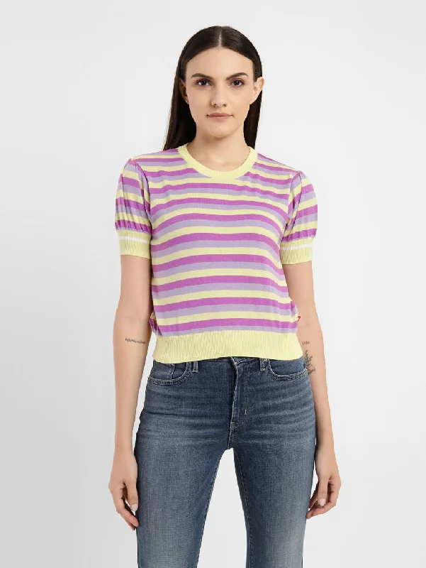 Women's Striped Round Neck Sweater Collared Crew Neck Turtle Neck