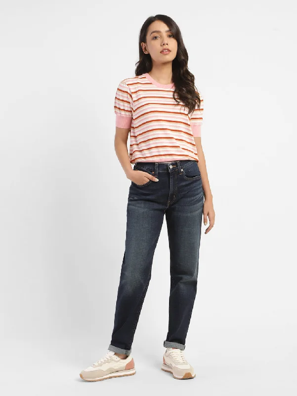 Women's Striped Crew Neck Sweater Striped Floral Plaid