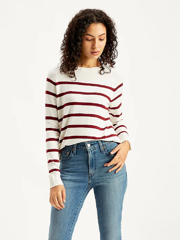 Women's Striped White Crew Neck Sweater Front Pockets Side Pockets Patch Pockets