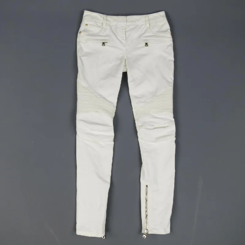 BALMAIN Size 4 White Cotton Gold Zip Moto Jeans Chic Double Waistband Jeans