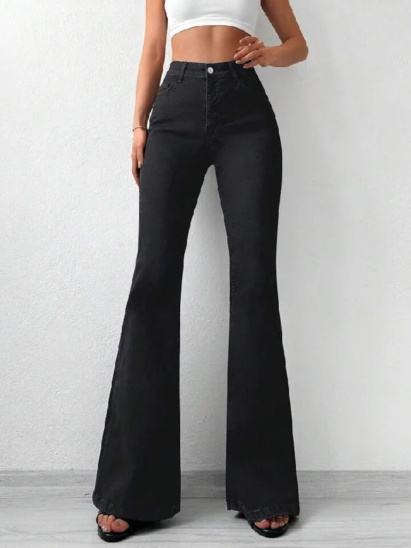 Black Bootcut Flare High Waist Jeans Fashionable Slouchy Fit Jeans