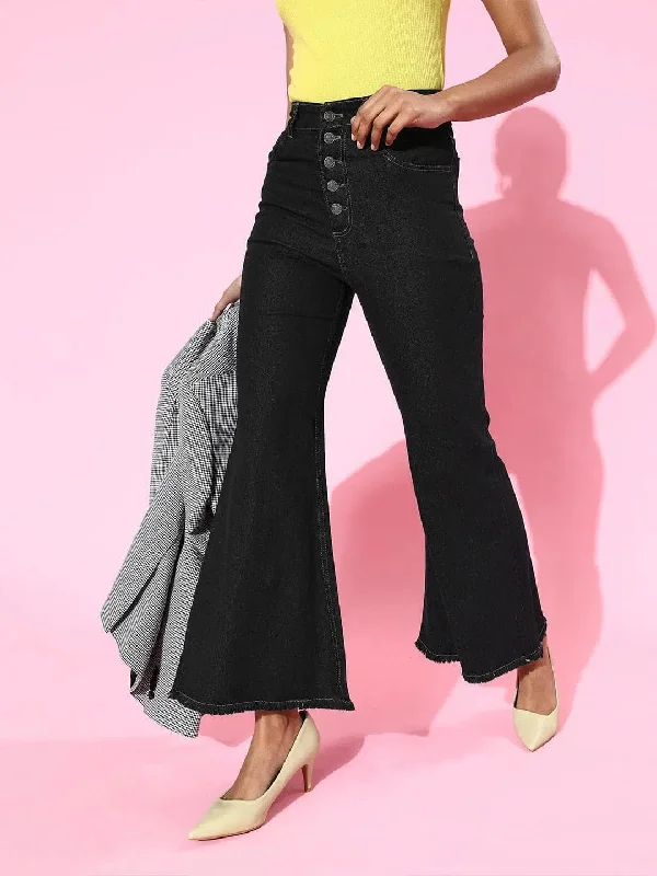 Black Front Button Bell Bottom Jeans Elegant Dark-Wash Bootcut Jeans
