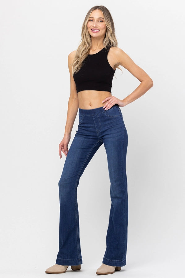 Dark Denim Pull On Flare Jeans Fashionable Raw Hemmed Jeans