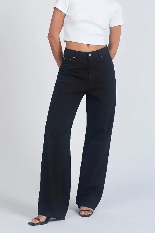 Donna Baggy Jeans - Black Fashionable Raw Edge Jeans