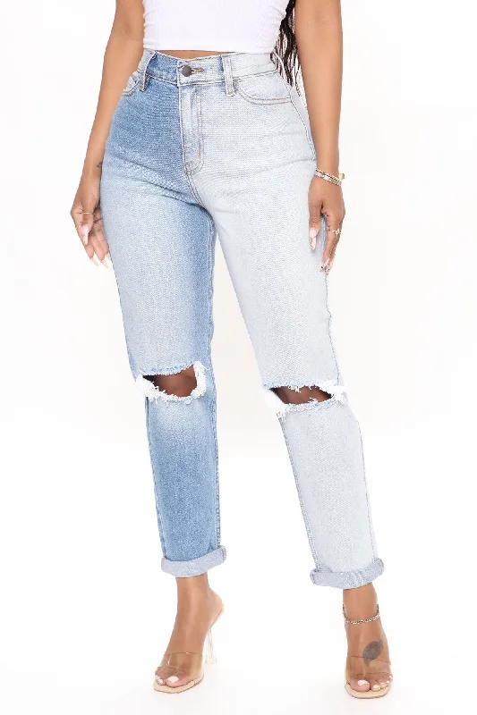 Double Vision Two Tone Mom Jeans - Blue/combo Comfortable Low-Rise Jeans