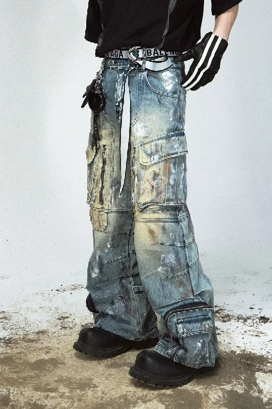 Graffiti Pocket Wide-Leg Jeans Stylish High-Waist Skinny Denim
