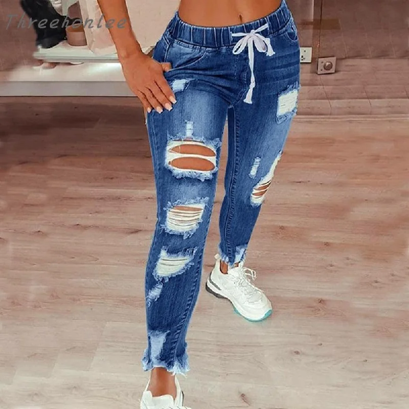 Jeans Women 2021 Drawstring High Waist Stretch Ripped Hole Jeans Fashion Denim Full Length Pencil Pants Skinny Jean Trousers Fashionable Relaxed Fit Denim