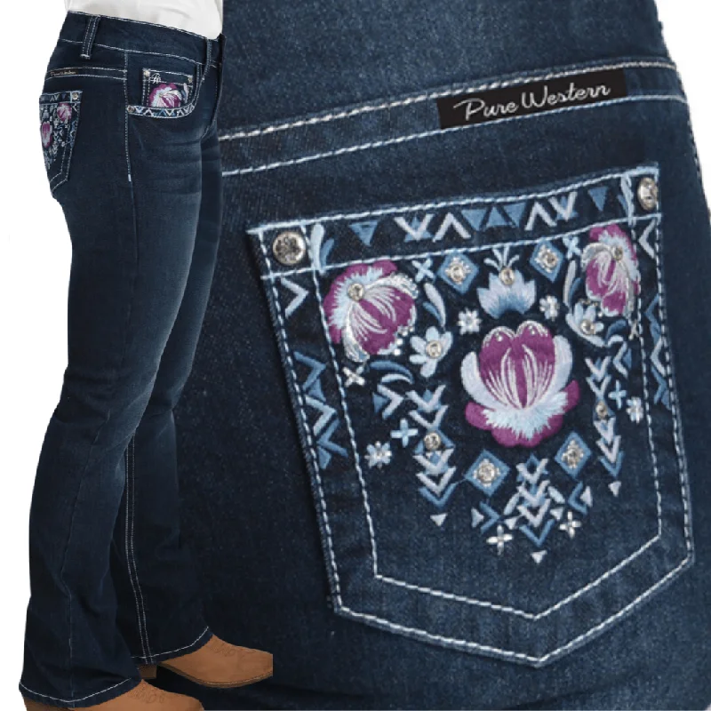 Pure Western Womens Leah MID-RISE, Bootcut Jeans - 32" Leg Trendy Patchwork Denim Jeans