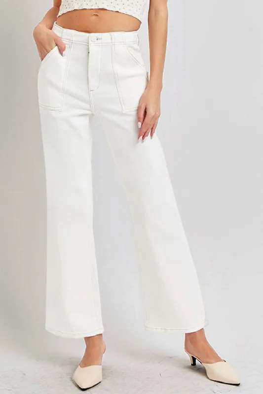 RISEN High Rise Ankle Flare Jeans with Patch Pockets Casual Wide-Legged Denim Jeans