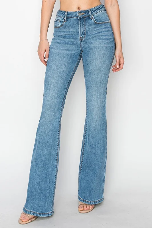RISEN Mid Rise Flare Jeans with Pockets Comfortable Folded Hem Jeans