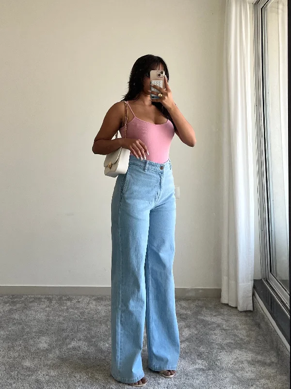 Sky Blue Fall Wide Leg High Rise Jeans Stylish Paperbag Waist Denim