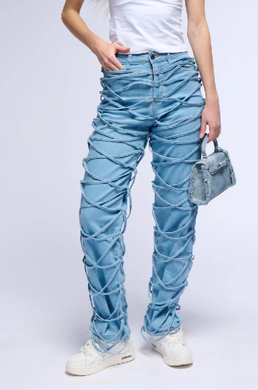 TIED UP RELAXED FIT JEANS Fashionable Frayed Hem Denim