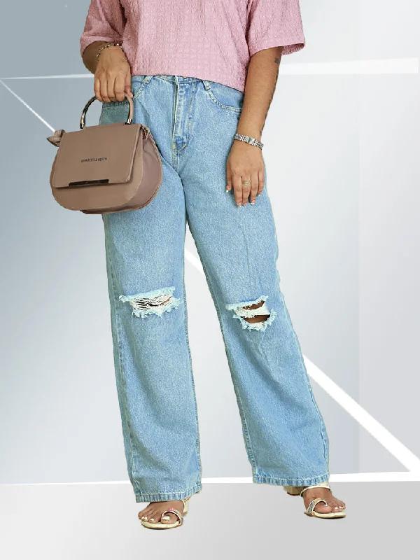 Trendy Ripped Baggy Denim Jeans – ₹623 Trendy Button-Up High-Waist Jeans