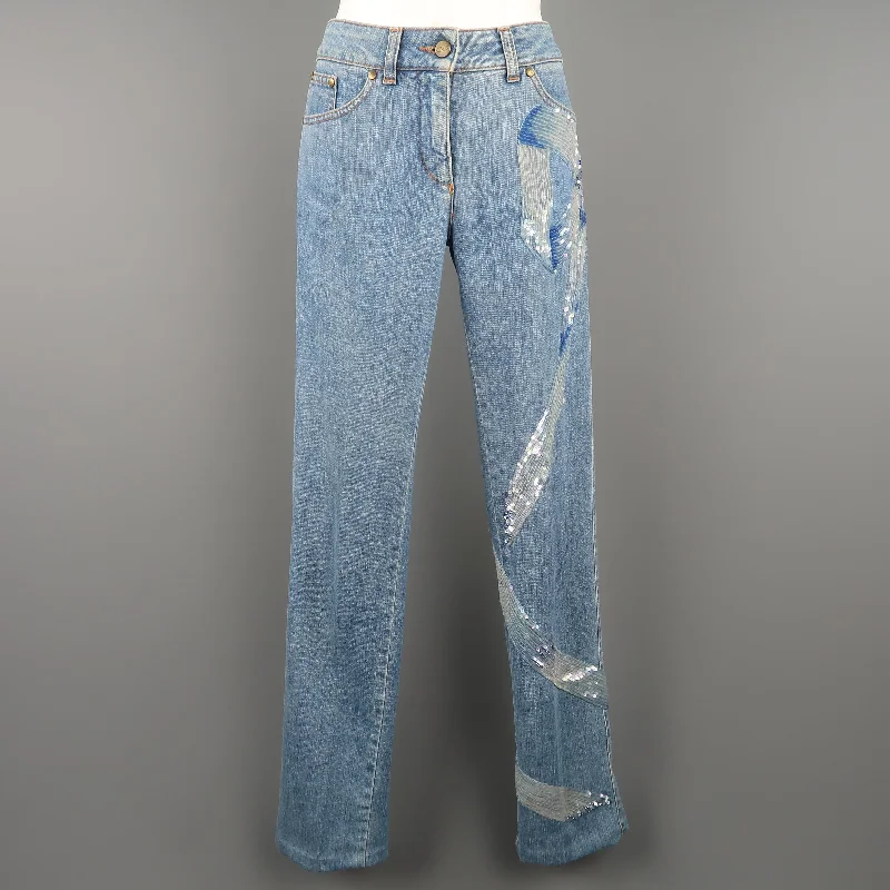 VALENTINO Size 4 Light Wash Blue Beaded Sequin Bow Jeans Elegant Bootcut Fit Jeans