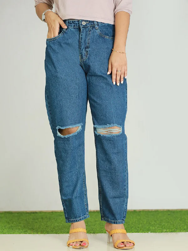 Women's Baggy Jeans - Denim with Patchwork Design - 499/- Stylish Acid-Wash Jeans