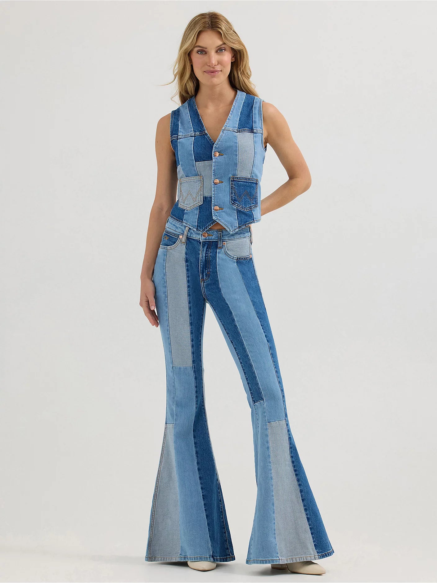Wrangler X Women's Lainey Wilson Patchwork Bell Bottom Jeans Comfortable Zip-Fly Denim Jeans