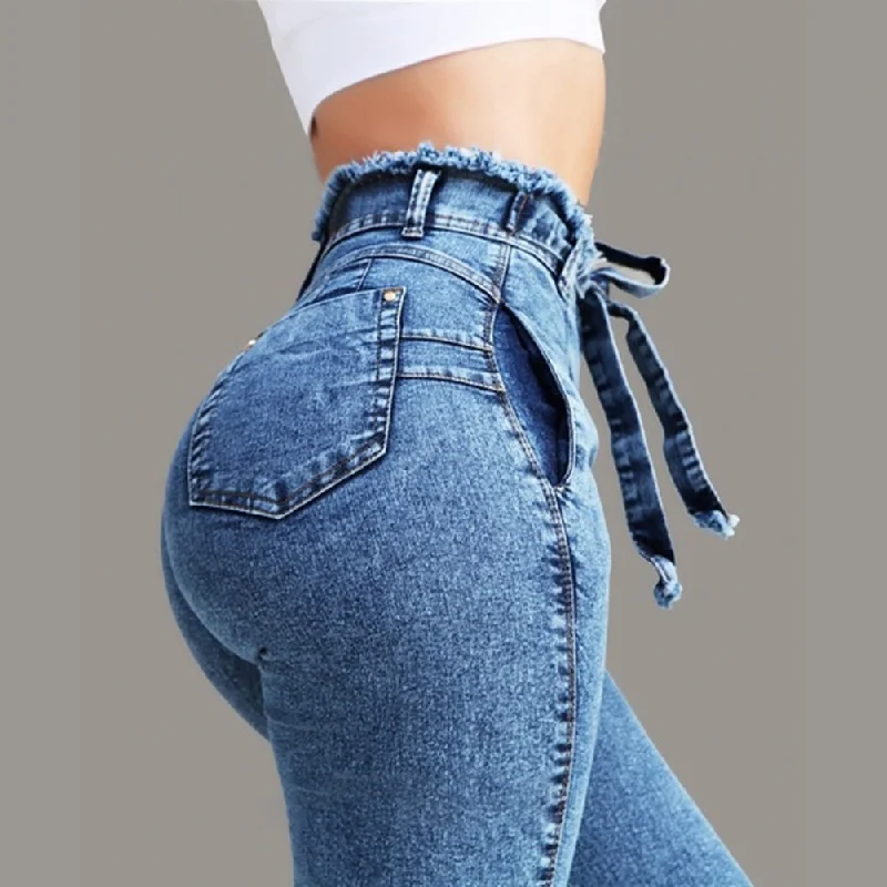 2019 Fashion sexy  Long Pants Plus Size Fashion Belted High Waist Skinny Jeans Women Stretch Denim Long Pants Trendy Skinny High-Waist Jeans